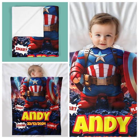 Personalized Baby Superhero Blanket – Captain America Style | Custom Name & Birthdate | 30"x40"
